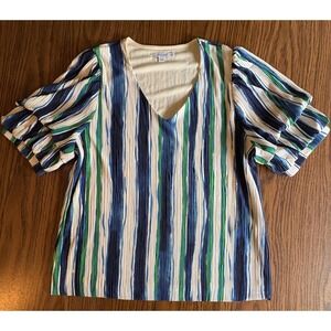Chicos Women Blouse Pleated Size 2 Large Blue Green Striped Ruffle Sleeve V-Neck